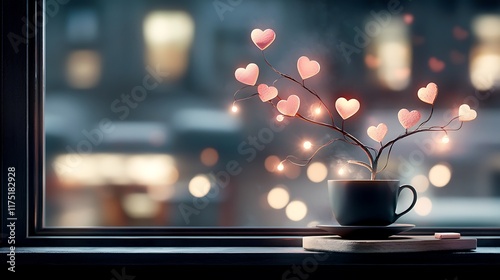 Valentine's day love blossoms in cozy window setting heartful decor evening vibes photo