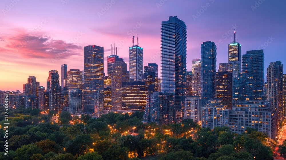 Fototapeta premium Toronto Skyline Sunset Cityscape Evening Lights