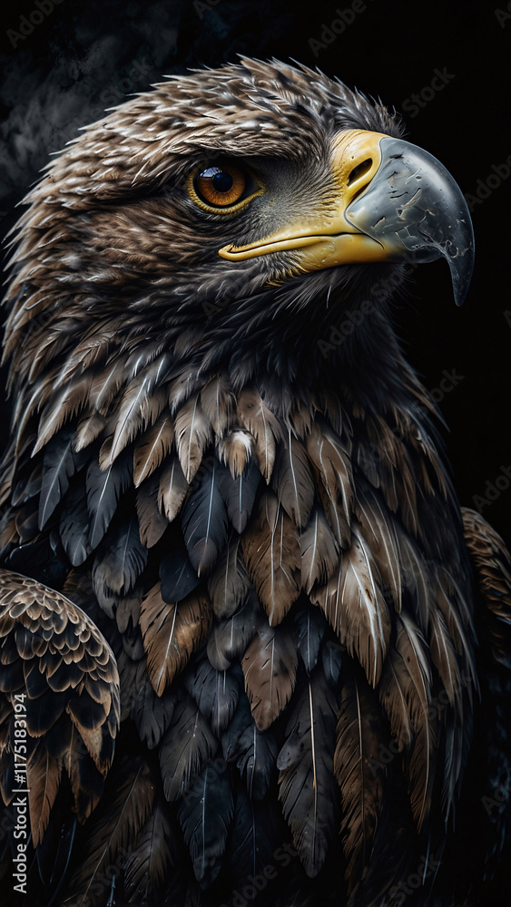 High definition photo of an eagle with a strong beak captured in expert professional portrait against dark moody background High definition photo of an eagle with a strong beak captured in expert professional portrait against dark moody background