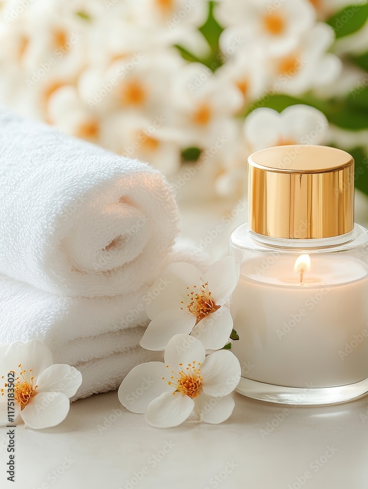 Relaxing Spa Setup with White Towels, Candle, and Flowers Relaxing Spa Setup with White Towels, Candle, and Flowers