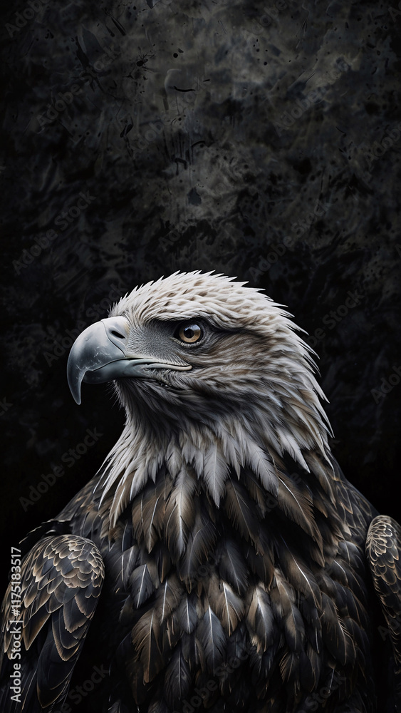 Intense portrait of a sharp beaked eagle in dark setting captured with professional focus and dramatic lighting Intense portrait of a sharp beaked eagle in dark setting captured with professional focus and dramatic lighting
