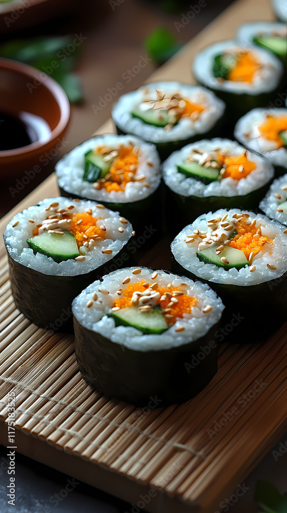 Set on a traditional bamboo sushi mat, this platter of vegan sushi rolls features vibrant colors from avocado, cucumber, and carrot slices, and a small dish of soy sauce on the side. Set on a traditional bamboo sushi mat, this platter of vegan sushi rolls features vibrant colors from avocado, cucumber, and carrot slices, and a small dish of soy sauce on the side.