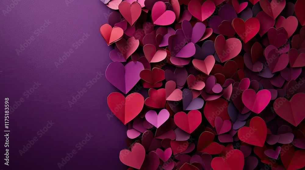 A vibrant Valentine's Day theme with handmade paper hearts in red and pink, artfully displayed on a violet backdrop. A vibrant Valentine's Day theme with handmade paper hearts in red and pink, artfully displayed on a violet backdrop.