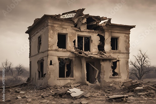 A damaged house with broken windows, collapsed roof, and crumbling walls, set in a desolate landscape. photo