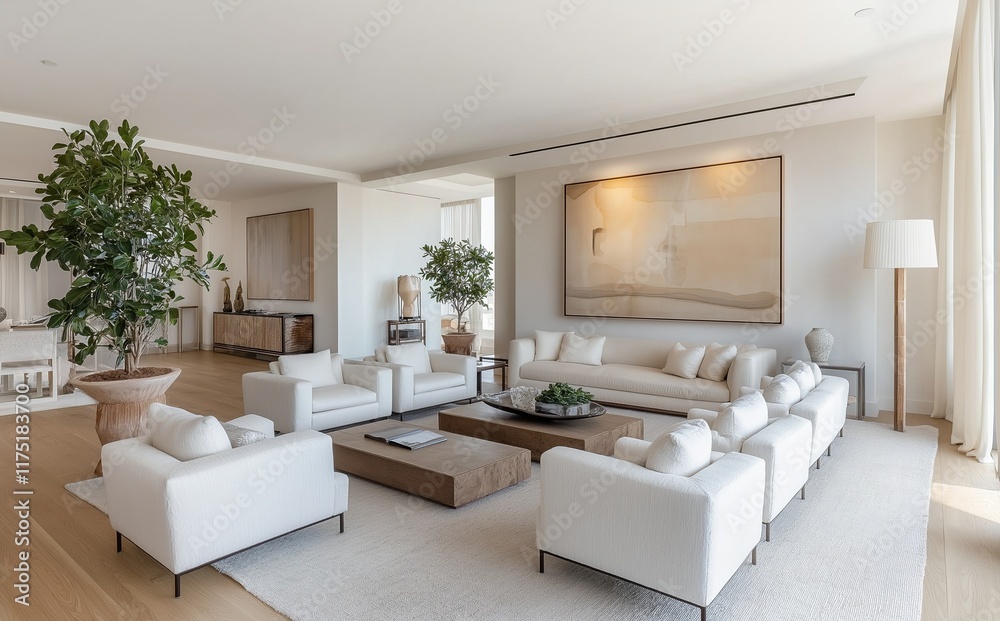 Fototapeta premium A spacious living room with minimalist decor, featuring sleek furniture and soft lighting. The walls feature abstract art in neutral tones like beige or light gray, complemented by wooden flooring.