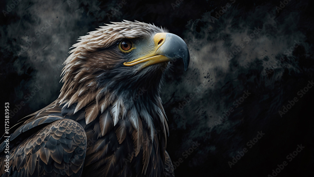 Fototapeta premium Majestic eagle captured with its strong beak in a professional close up shot with dark background