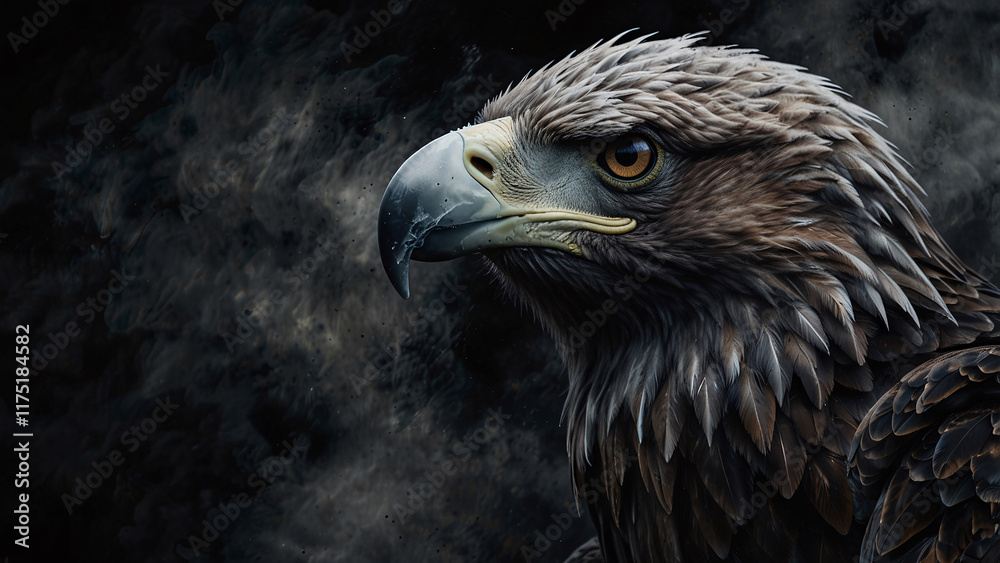 Obraz premium Powerful eagle portrait with intense sharp beak captured in high resolution professional image with dark backdrop