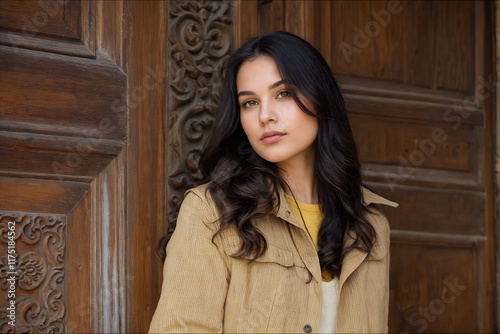 Portrait of a brunette in a beige jacket against the background of an old wooden door with tiles
