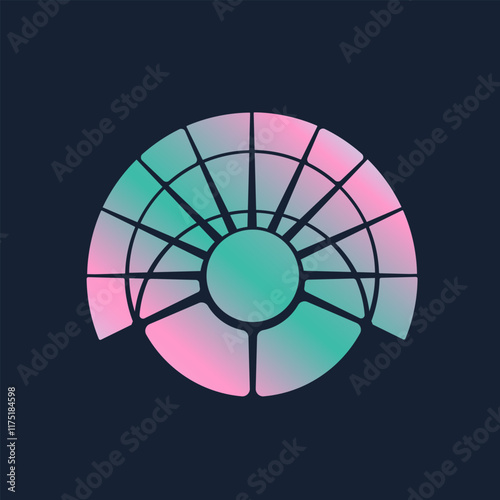 Sacred geometry circle logo emblem. Shiny light rays, night eye neon color alchemy symbol. Modern, geometric, spa style icon isolated on dark fund. Circular minimal deco design mosaic lines.