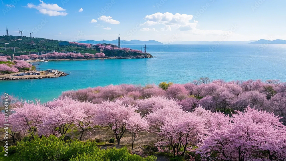 Obraz premium Cherry blossoms are in full bloom at the Lushun Cherry Blossom Garden in Dalian, Liaoning, China
