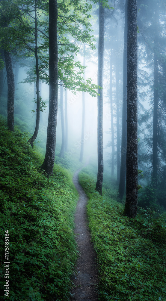 Obraz premium Ethereal forest trail enveloped in thick mist