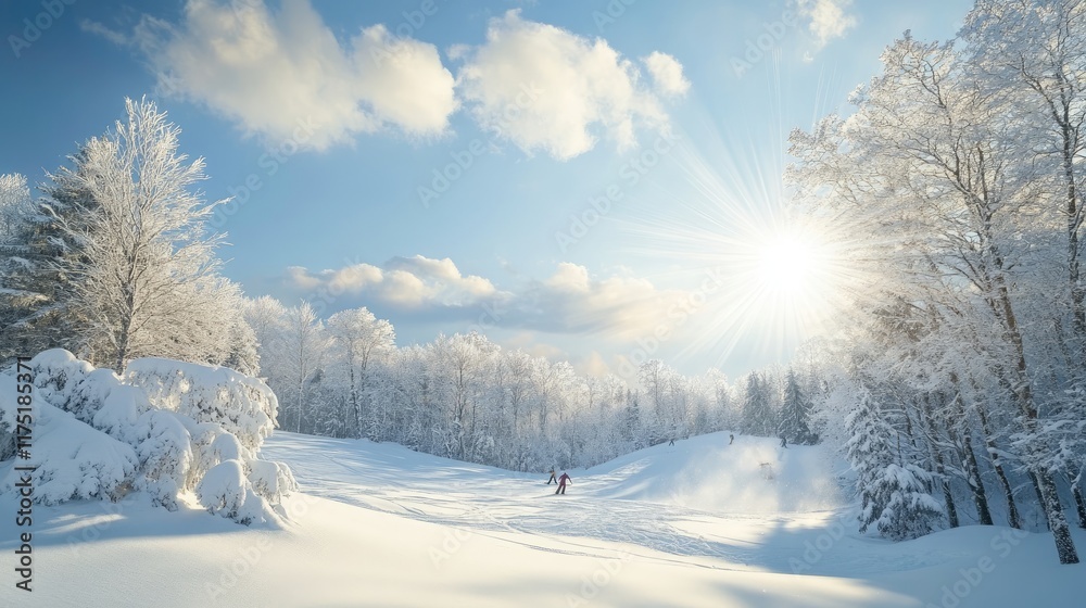 Sunny Winter Ski Slope Snow Covered Trees Sunny Winter Ski Slope Snow Covered Trees