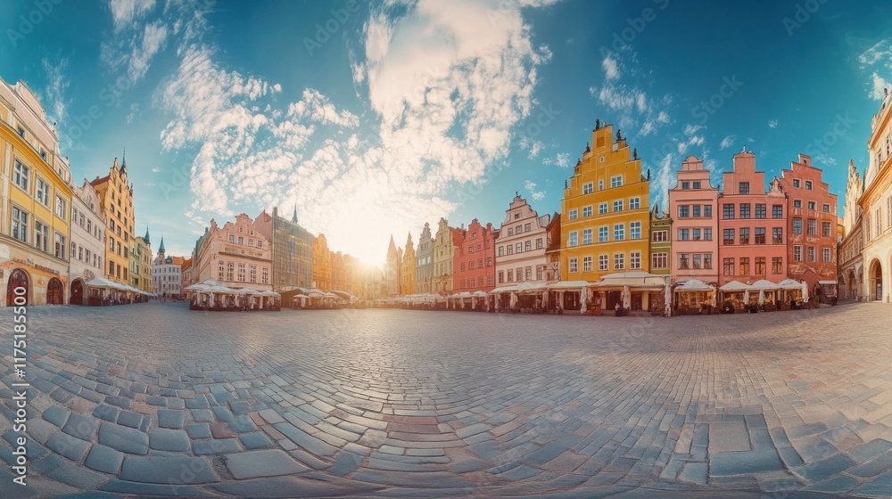Obraz premium A panoramic view of the Old Town square, featuring a blend of Gothic and Renaissance architecture under a bright sky