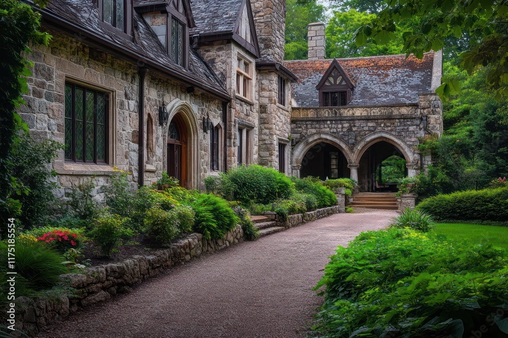 Fototapeta premium A serene countryside manor with stone walls, arched doorways, and a lush garden path leading to the entrance