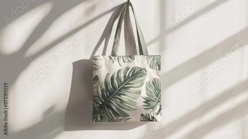 Mockup of a stylish tote bag with a tropical leaf print hanging on a white wall