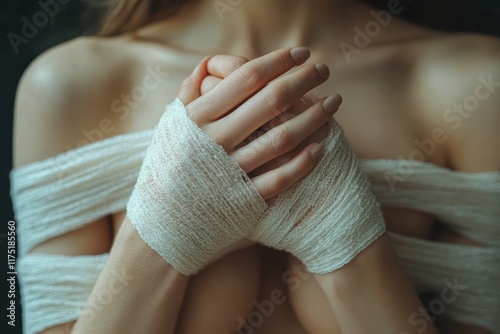 Emotive expression of vulnerability with hands wrapped in fabric against a dark background photo