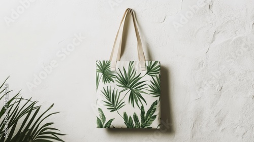 Mockup of a stylish tote bag with a tropical leaf print hanging on a white wall