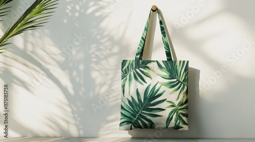 Mockup of a stylish tote bag with a tropical leaf print hanging on a white wall