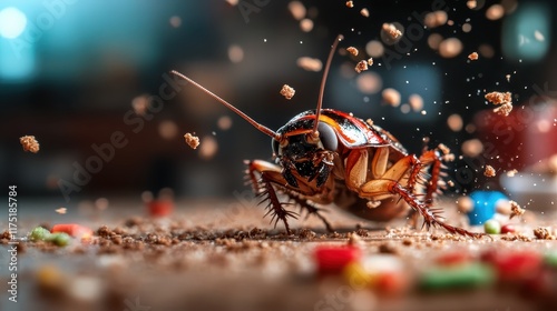 A dynamic close-up of a cockroach surrounded by scattered crumbs and debris in a kitchen environment, illustrating the chaos and intrusion of pests in everyday places. photo