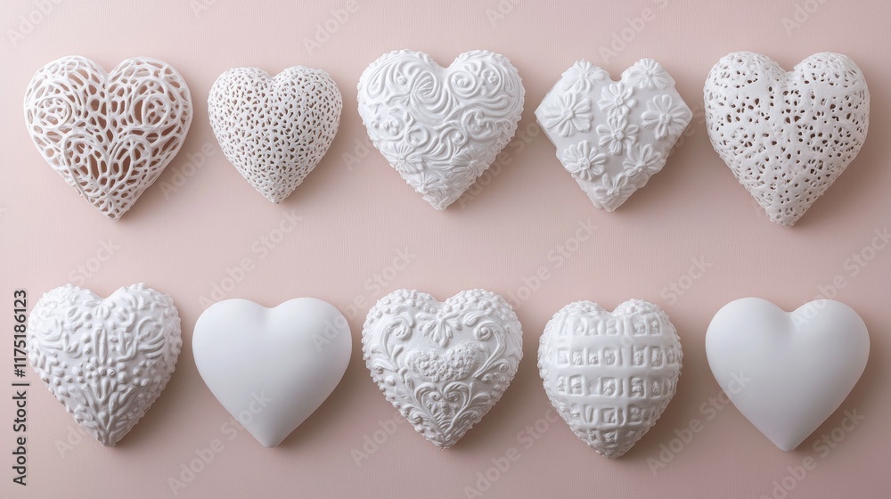 Obraz premium Delicate heart decorations and gift boxes arranged neatly on a pastel pink background, capturing the spirit of Valentine's Day.