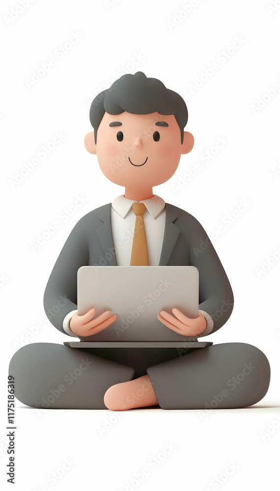 3D cartoon illustration of a handsome businessman sitting in a lotus pose with a laptop, symbolizing calmness and productivity in online work AI Generated