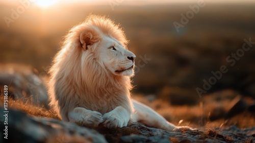 A majestic white lion sits regally on a hill, surveying his kingdom as the warmth of the sun highlights his magnificent mane in the golden light of dusk. photo