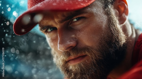 Close-up of a bearded baseball player in a red cap peers ahead with intensity, focusing on competition despite the challenging rainy conditions in sports. photo