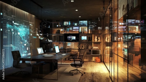 Modern Tech Office With Global Data Displays photo