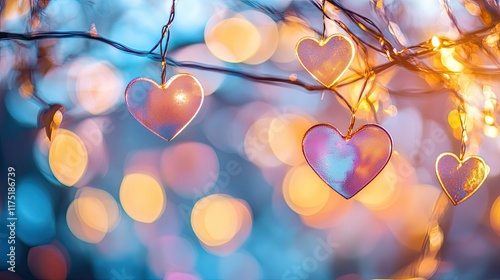 Heart-shaped bokeh lights glowing softly in a mix of warm and pastel tones, floating across a subtle blurred background.