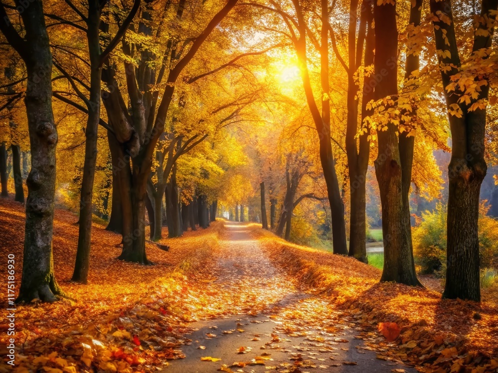Fototapeta premium Serene Park Footpath: Sunlit Autumn Path, Golden Leaves, Peaceful Nature Walk
