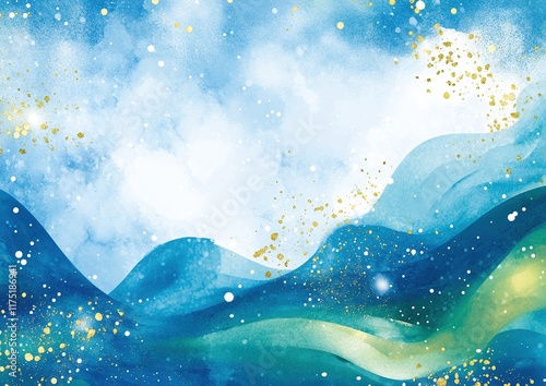 Celestial Watercolor Landscape: A Serene Blue and Gold Dreamscape