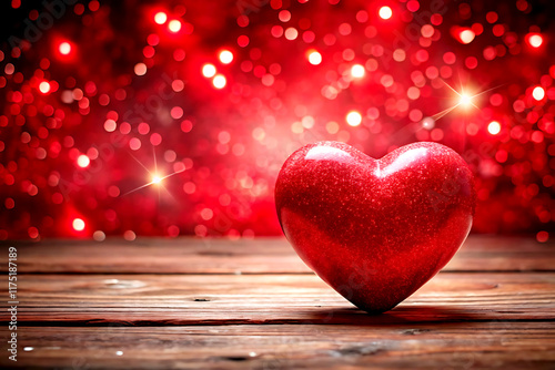 Valentines day background with red heart on wooden table and bokeh lights