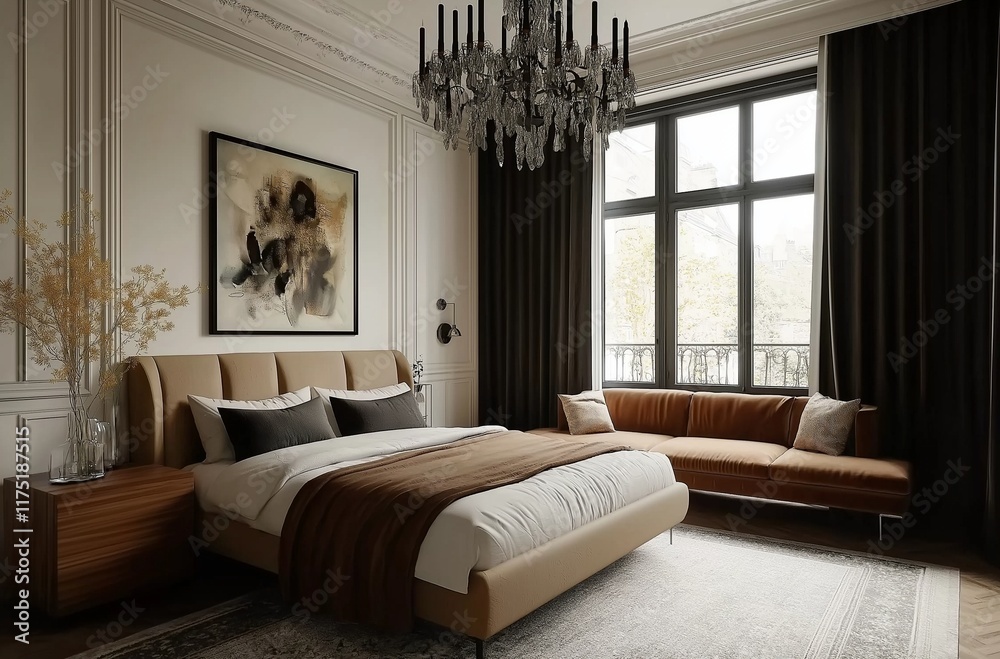 Obraz premium modern bedroom interior with large bed, carpet and chandelier above it. The wall is white with black stripes on the side of which there hangs a painting.