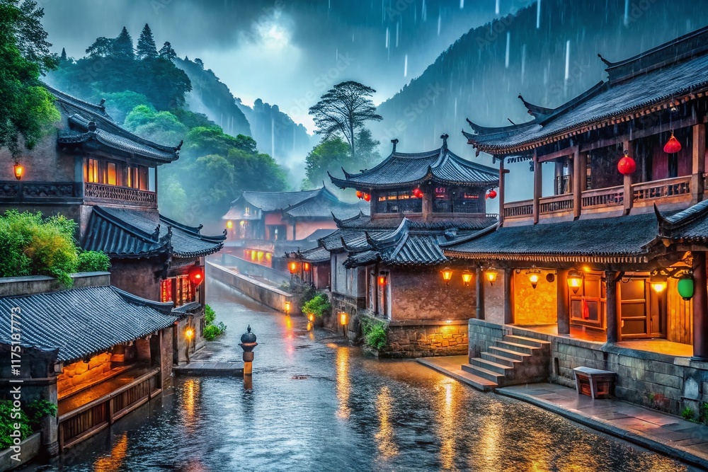 Obraz premium Serene Rainy Day in Ancient Chinese Town - Stock Photo