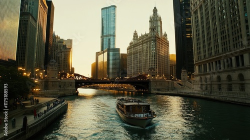 The Chicago River winding through the city, skyscrapers glowing at sunset, with nightlife starting to sparkle in the windows of towering buildings.
