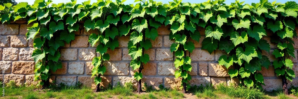 Dense vines crawling up a weathered stone wall in a sunny landscape, vineyard, stone wall Dense vines crawling up a weathered stone wall in a sunny landscape, vineyard, stone wall