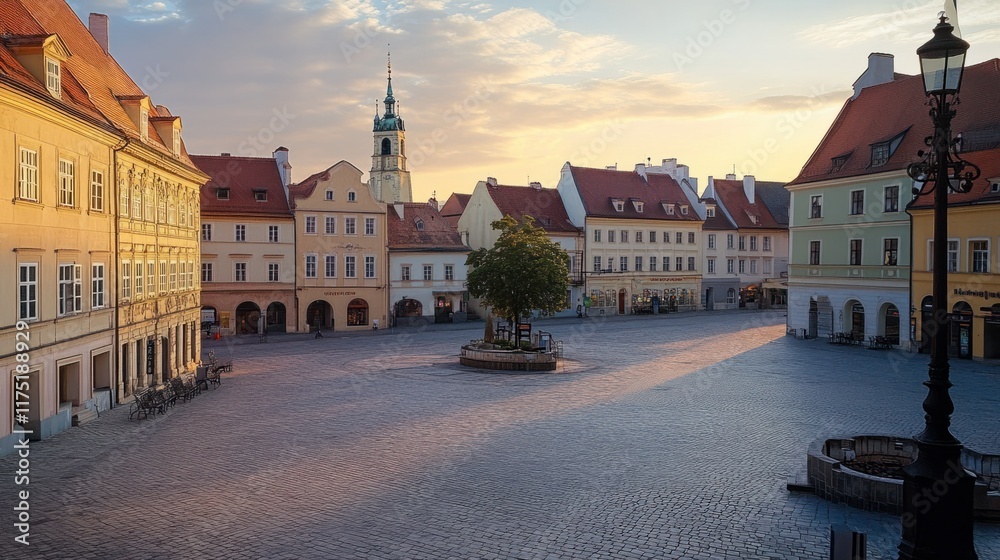 Obraz premium A peaceful view of the Old Town square at sunrise, with the historic architecture bathed in soft golden light