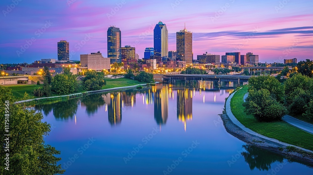 Obraz premium Wichita City Skyline Reflected in Calm Water at Dusk