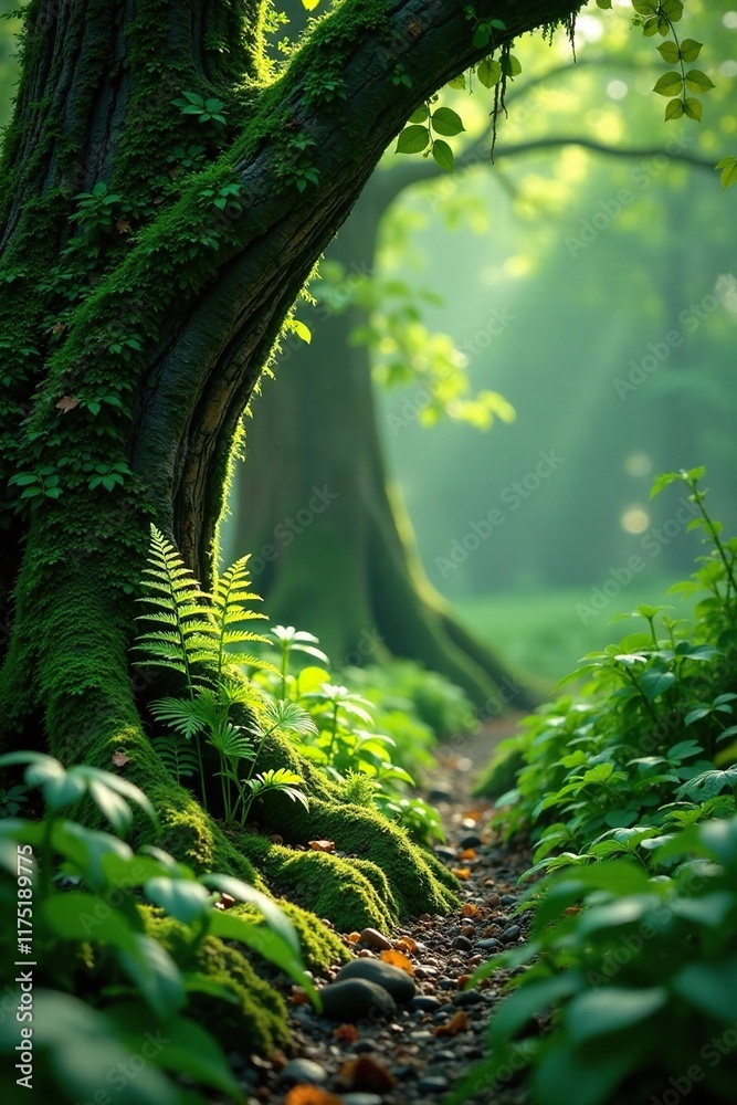 Ferns in the shade of moss-covered tree branches, emerald, verdant, nature scene Ferns in the shade of moss-covered tree branches, emerald, verdant, nature scene