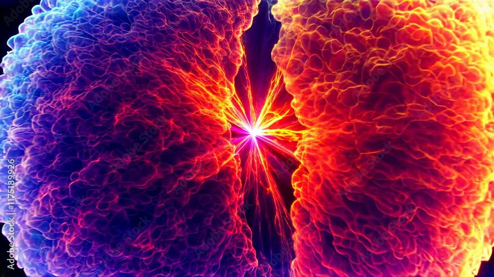 Representation of cell division with vibrant organic shapes and luminous patterns symbolizes the beauty and complexity of biological forms and processes