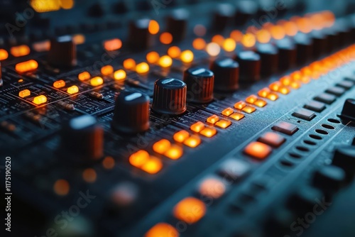 Control panel illuminated with vibrant lights during a music production session at a studio