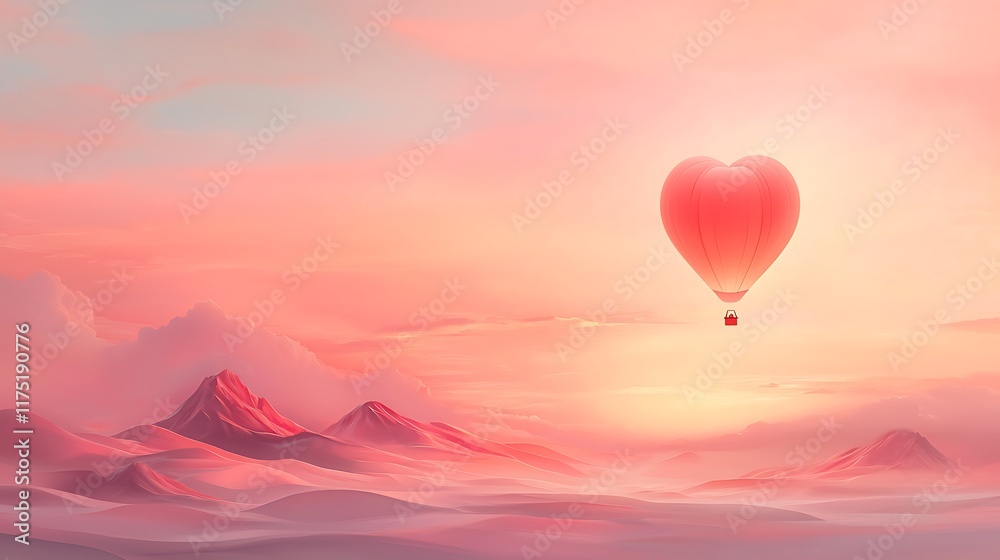 Fototapeta premium Valentine’s day love balloon adventure dreamy mountains digital art serene landscape