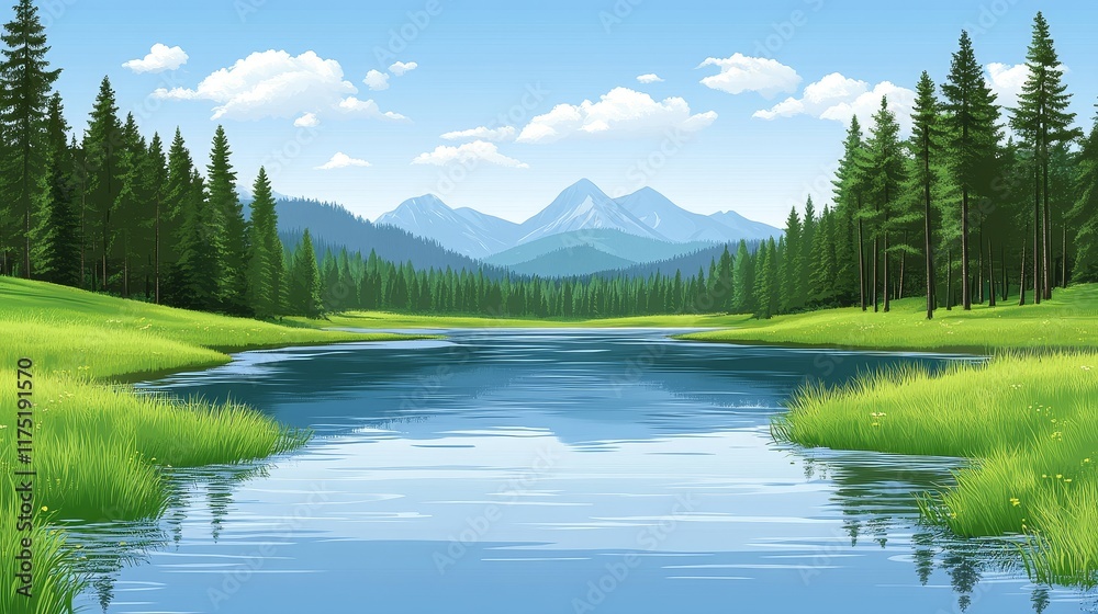 Fototapeta premium Serene mountain lake nestled amidst lush greenery and towering evergreens