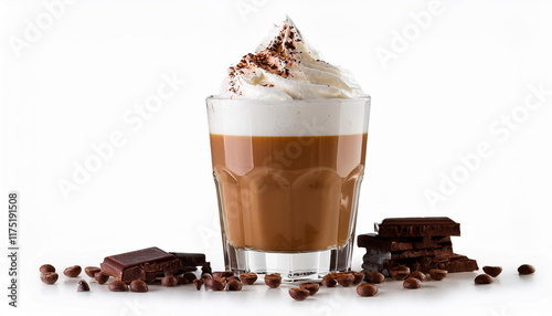 glass of viennese coffee topped with whipped cream and chocolate chips close up isolated on white background