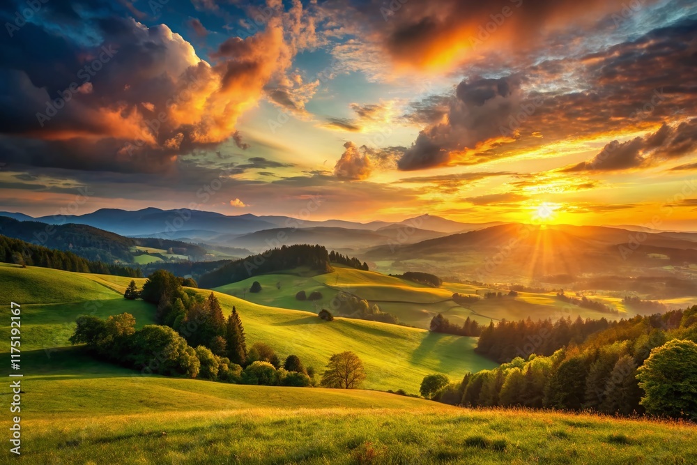 Fototapeta premium Serene Sunset Over Rolling Hills, Golden Hour Landscape Photography