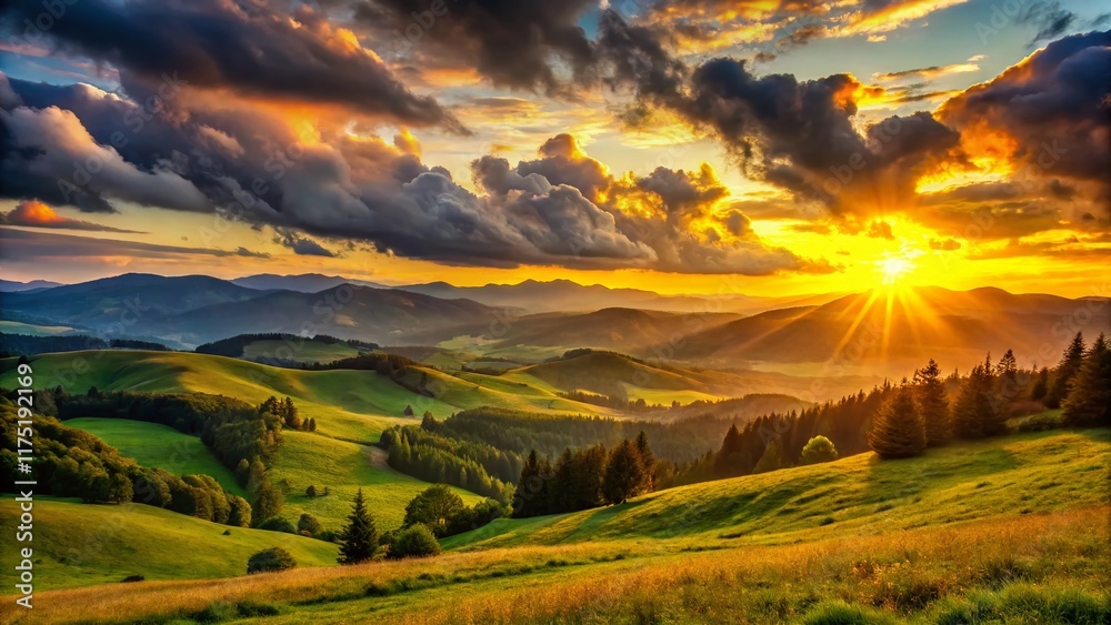Fototapeta premium Serene Sunset Over Rolling Hills and Distant Mountains