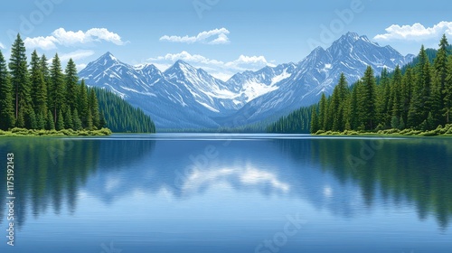 Serene mountain lake reflecting snow-capped peaks and lush evergreen forests