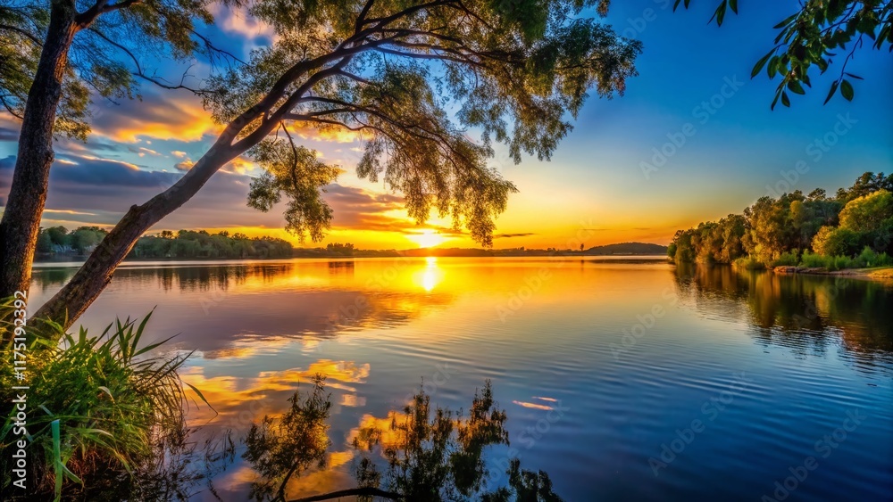 Serene Sunset: Silhouetted Trees Reflected in Calm Water - Stock Photo