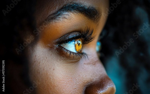 Close-up profile view of a woman's eye with golden reflection.