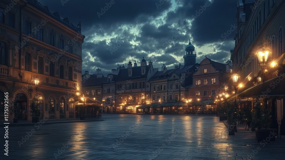Obraz premium A serene panorama of the Old Town square at night, with glowing streetlights and a peaceful atmosphere highlighting its beauty